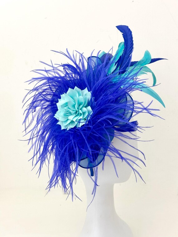 Royal Blue  Kentucky Derby Fascinator Hat, Blue Feather Derby Hat, Church Wedding Hat, Light Blue Royal Blue Fascinate Hat,Tea Party Hat
