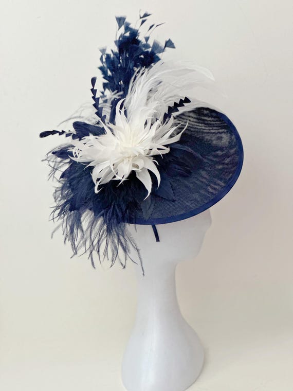 Navy Blue White Fascinator Hat, Derby Fascinator Hat, Wedding Fascinator Hat, Mother of the Bride Hat,Navy Blue  Church Hat,Garden Tea Party