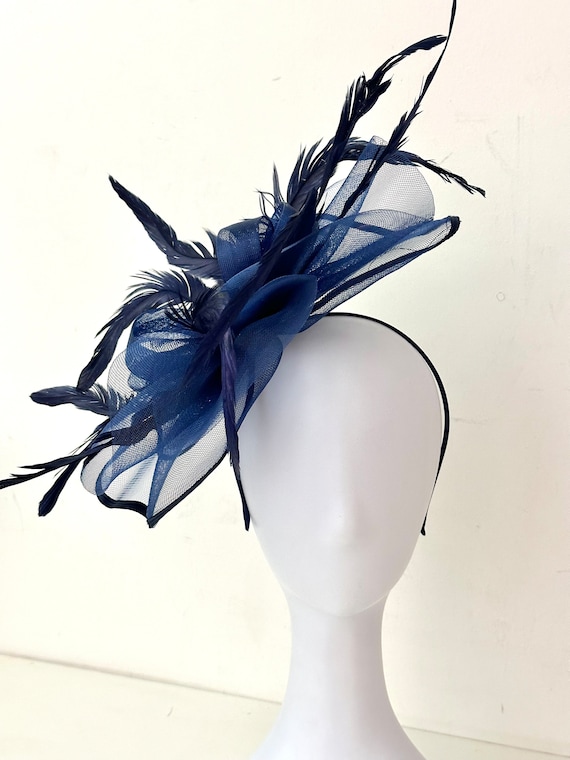 Navy Kentucky Derby Fascinator Hat, Blue Church Derby Hat Fascinator, Navy Feather Wedding Fascinator Hat, Tea Party Sheer Derby Hat