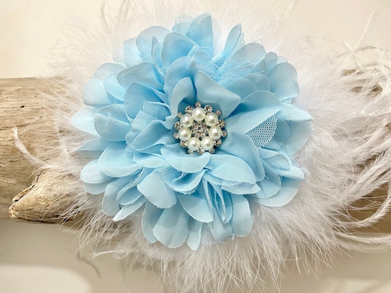 Baby Blue Flower Clip, Wedding Fascinator, Pale Blue Wedding Fascinator, Bridal Flowers Feather Headpieces, Crystal Pearl Bridal Headpiece