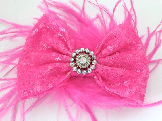 Dance Costume Hair Clip, Neon Pink Hair Bow, BubbleGum Pink Bow, Hot Pink Bow, Pink Feather Clip, Hot Pink Bubble Gum ,Dance Costume