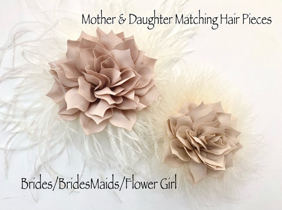 Wedding Flower Clips, Champagne Beige, Dusty Rose Lavender, Green, Ivory Feather Hair Clips, Wedding Bridal Hair Flowers Clip