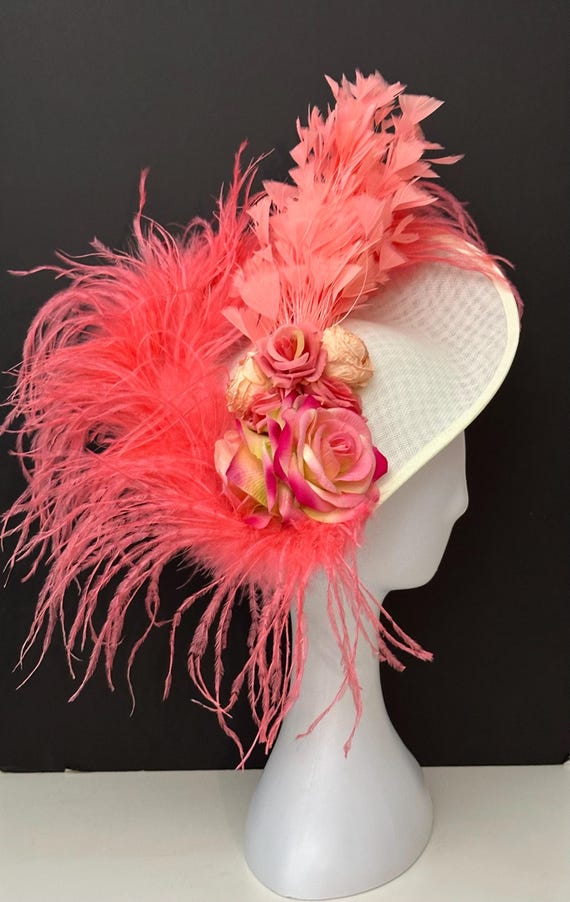 Pink Blush Coral Derby Fascinate Hat, Pink Coral Beige Wedding Fascinator Church Hat, Pink Coral Mother of the Bride Hat, Custom Feather Hat