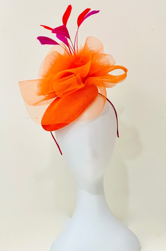 Pink Fuchsia Orange Kentucky Derby Fascinator Hat, Bright Orange Fascinator Hat, Hot Pink,Royal Blue, Black Fascinate Hat, Church Derby Hat