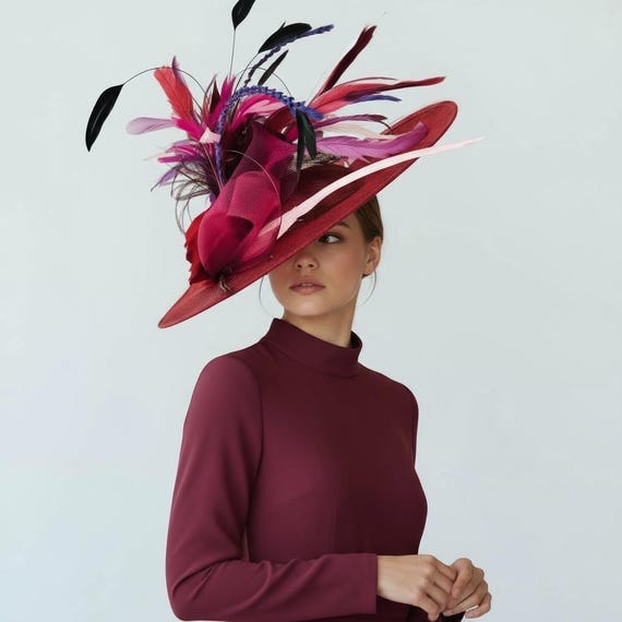 Burgundy Wine Fascinator Hat, Deep Red Wine Fascinator Hat, Big Brim Derby Hat, Feather Fascinator Hat, Wedding Fascinator Hat, Church Hat