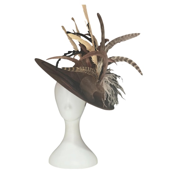 Beige Chocolate Fascinator Hat, Custom Kentucky Derby Fascinator Hat, Cream Beige Chocolate Black Feather Fascinator Hat, Church Wedding Hat