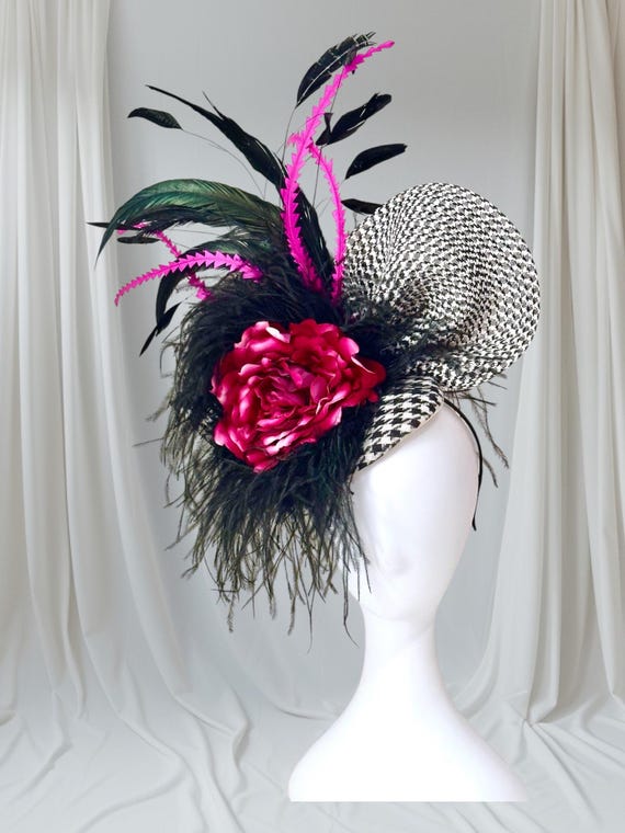 Black White and Pink Fascinator Hat, Modern Chic Black White Fascinator Hat, Black and White Fascinator Hat, Garden Tea Party Hat