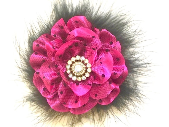 Satin Flower Clips, Red Black Lace Hair Clip, Pink Black Flower Clip, Pink Black Flower Crystal Hair Clip,Dance Costume Hair Clips,