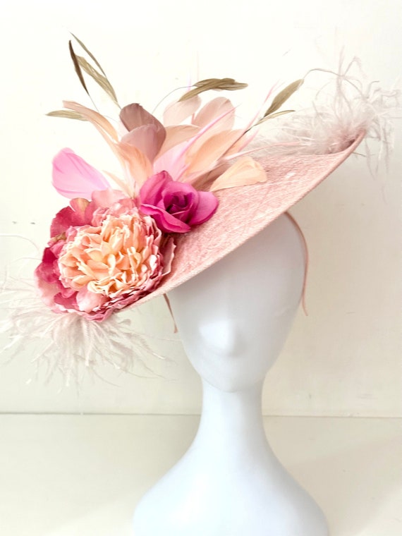 Blush Pink Beige Big Kentucky Derby Hat Fascinator, Dusty Rose Champagne Feather Fascinate Hat, Wedding Church High Tea Hat,