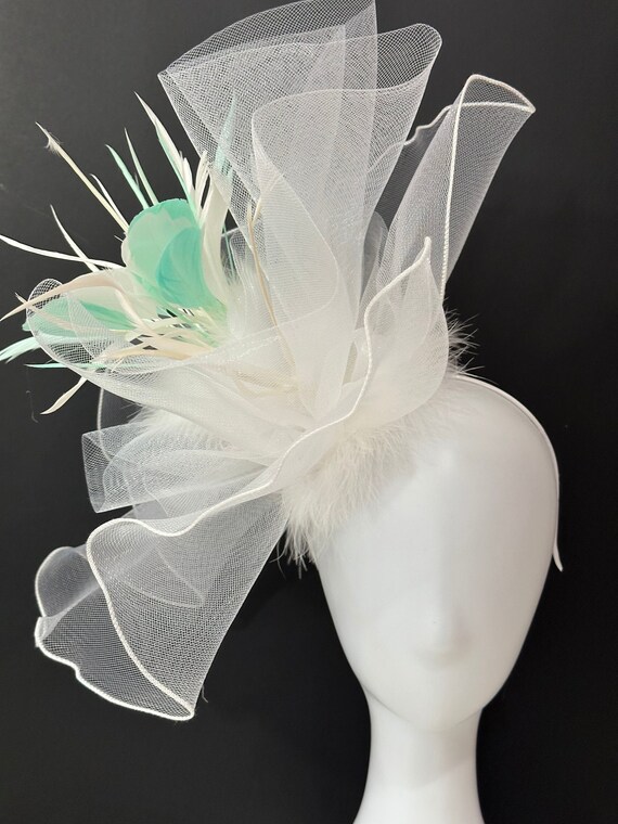 Big Kentucky Derby Hat Fascinator, Sheer Crinoline Big Derby Hat, Wedding Fascinate, Church Tea Party Hat, White, Pink Orange Derby Hat