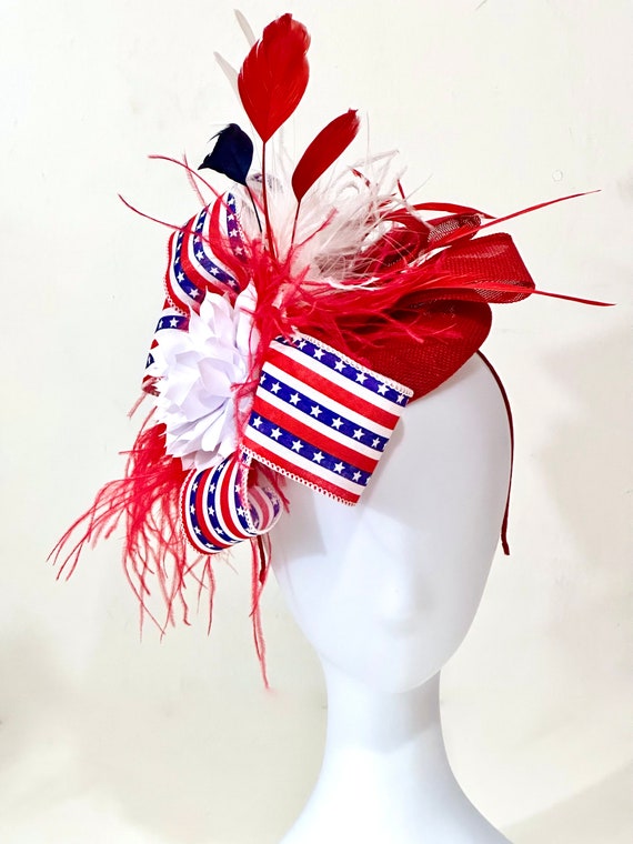 USA Red White and Blue Fascinate Hat, Patriotic Hat, 4th of July Derby Fascinator Hat, Fascinator Hat, American Red White Blue Derby Hat