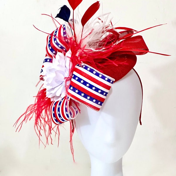 USA Red White and Blue Fascinate Hat, Patriotic Hat, 4th of July Derby Fascinator Hat, Fascinator Hat, American Red White Blue Derby Hat