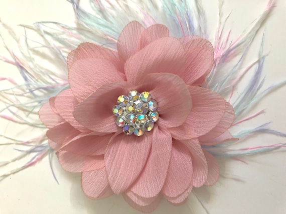 Rose Flower Marabou Feather Crochet Headband Hair Clip!