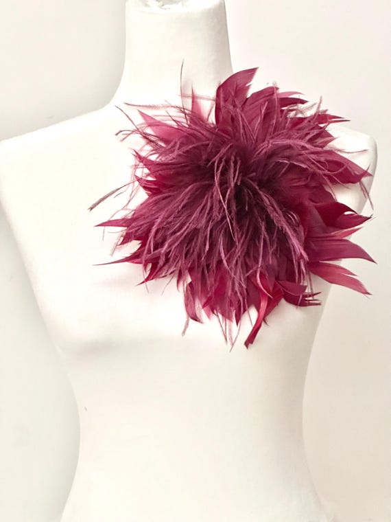 Bugurndy Feather Brooch Pin, Red Wine Brooch, Oversize Ostrich Feather Brooch, Dark Green Feather Pin, Dusty Rose Wine Feather Brooch Pin