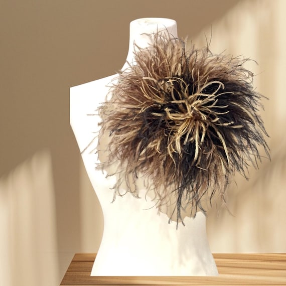 Mocha Brown Feather Pin, Ostrich Feather blend of Mocha Brown Black Beige 10ply Ostrich Feather, Oversized Custom Desgin Feather Brooch Pin