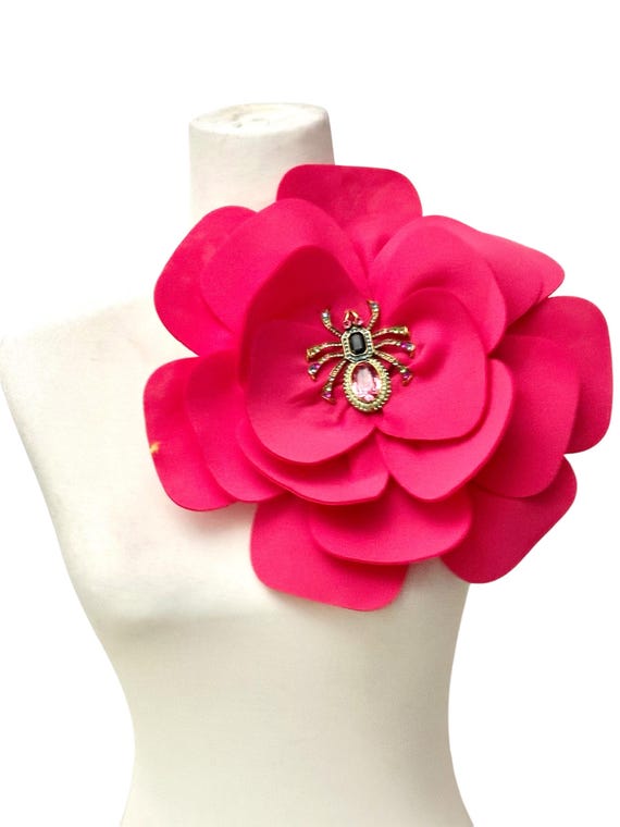 Big Flower Pin, Hot Pink Flower Brooch Pin, Statement Boutonniere, Crystal Bug Flower Corsage Pin, Flower Corsage Pin