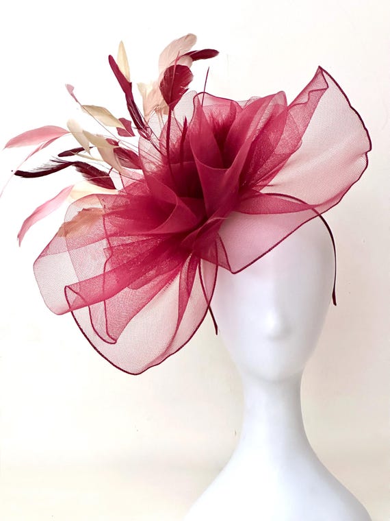 Burgundy Wine Fascinator Hat, Deep Wine Pink Beige Feather Fascinator Hat,Church Wedding Mother of the Bride, Kentucky Derby Fascinator Hat