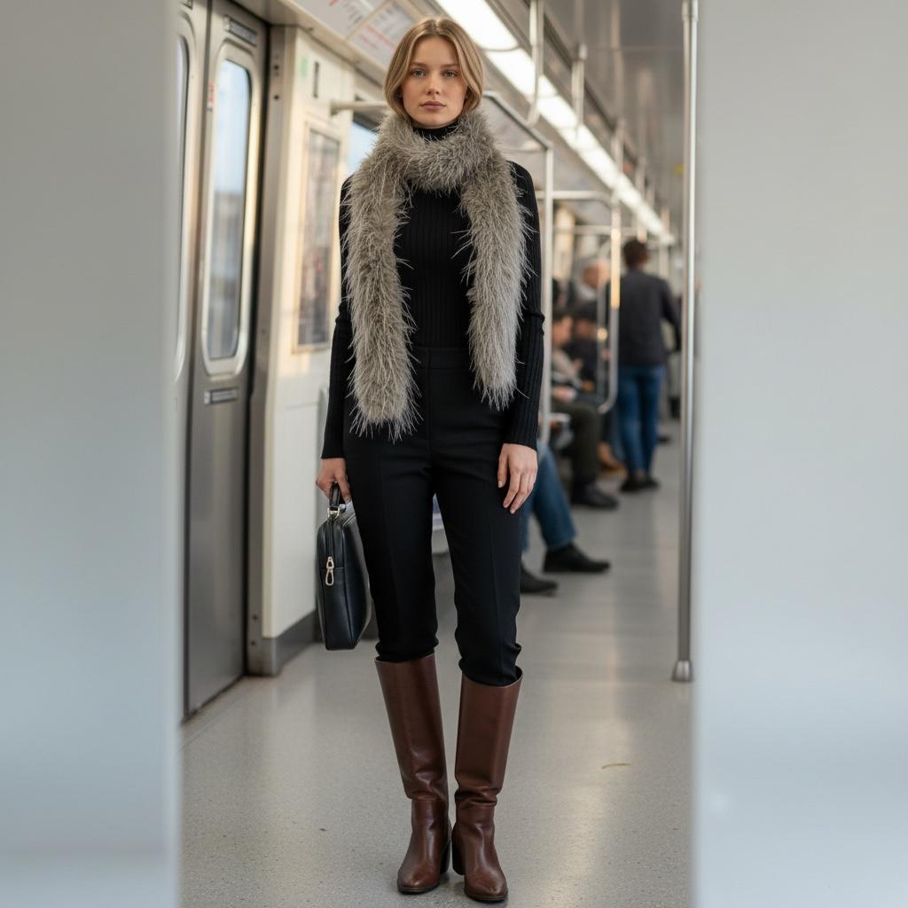 May include: A woman wearing a black turtleneck, black pants, and brown knee-high boots stands in a subway car. A gray fur scarf is draped around the neck. She holds a black briefcase. Other passengers are visible in the background.