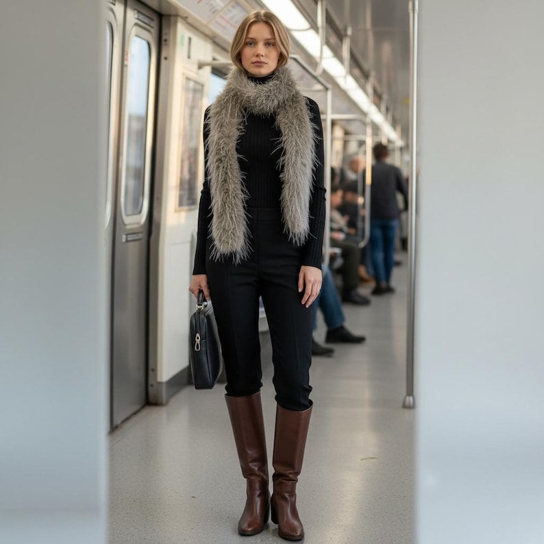 May include: A woman wearing a black turtleneck, black pants, and brown knee-high boots stands in a subway car. A gray fur scarf is draped around the neck. She holds a black briefcase. Other passengers are visible in the background.