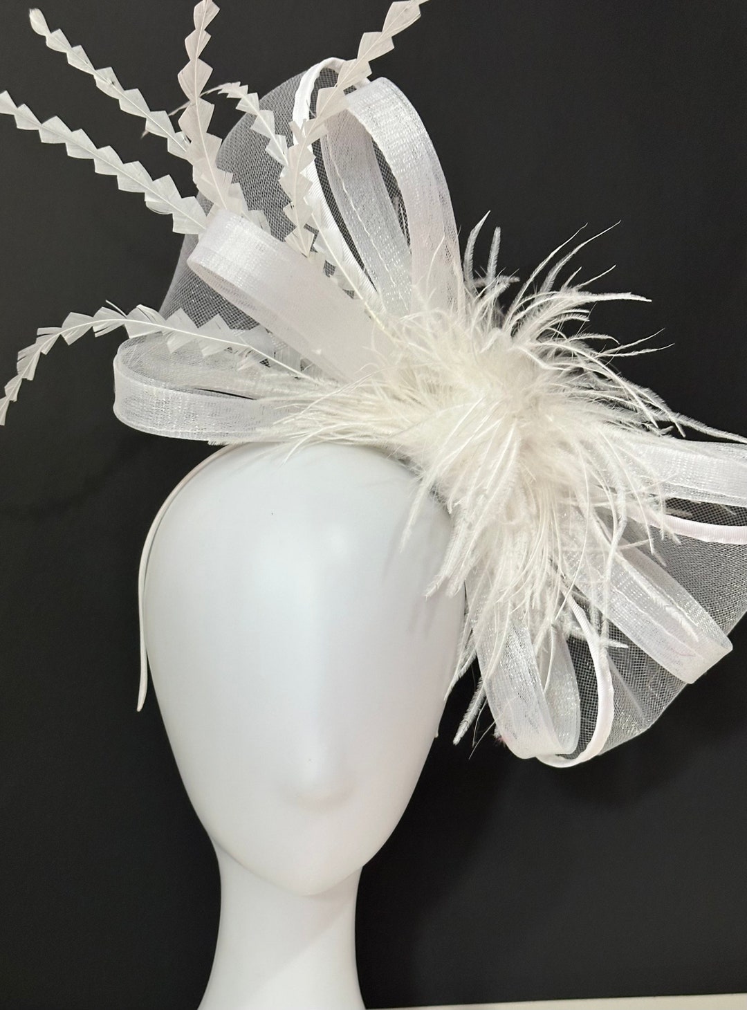 White Wedding Fascinator Hat, White Bow Fascinator Headband, White