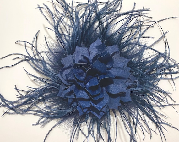 Ostrich Feather Fascinator Hat Clip, Navy, Black, Burgundy, Red, Green,Blush, Beige Flower Feather Fascinator Hat Clip, Bridal Wedding