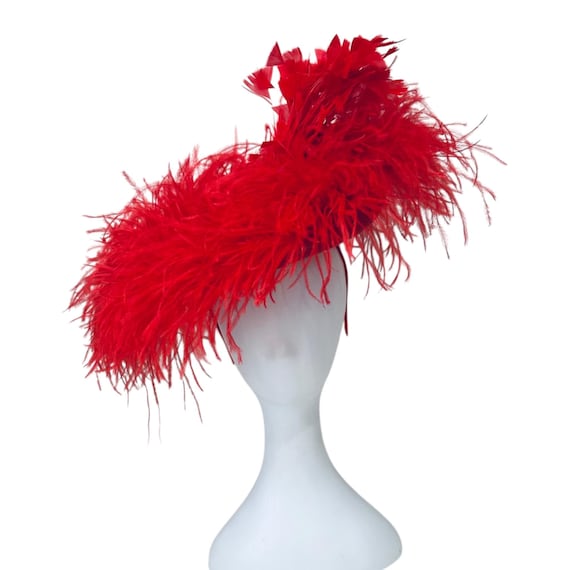 Red Feather Hat, Custom Couture Fascinator Hat, Kentucky Derby Fascinator Hat, Garden Tea Party Hat, Amazing Quality 10ply Ostrich Feather
