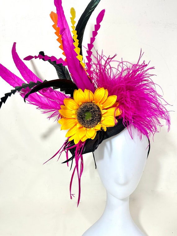 Sunflower Derby Fascinator Hat, Pink Orange Yellow Sunflower Kentucky Derby Hat, Big Derby Hat, Pink Orange Yellow Black Fascinator