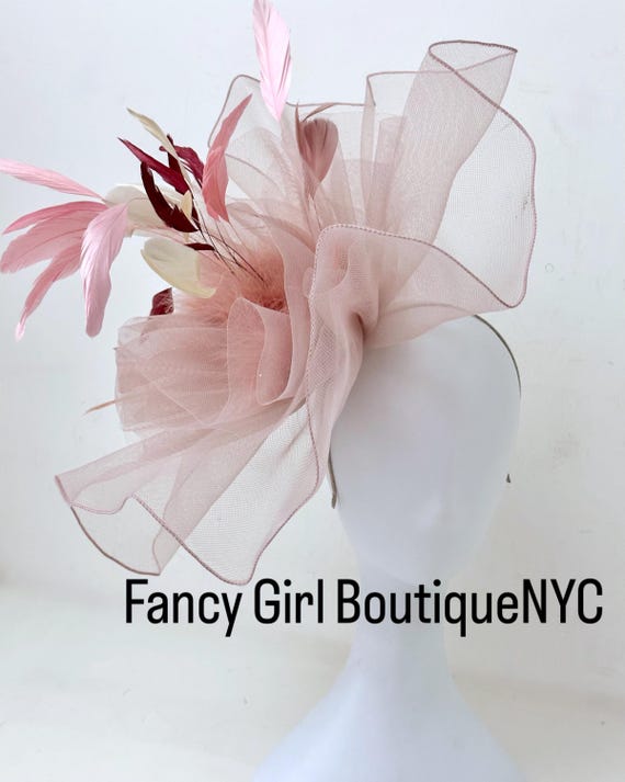Pale Pink Dusty Rose Fascinator Hat, Feather Fascinator Hat, Dusty Rose Church Hat Fascinator,Sheer Crinoline Derby Fascinator Hat, Custom