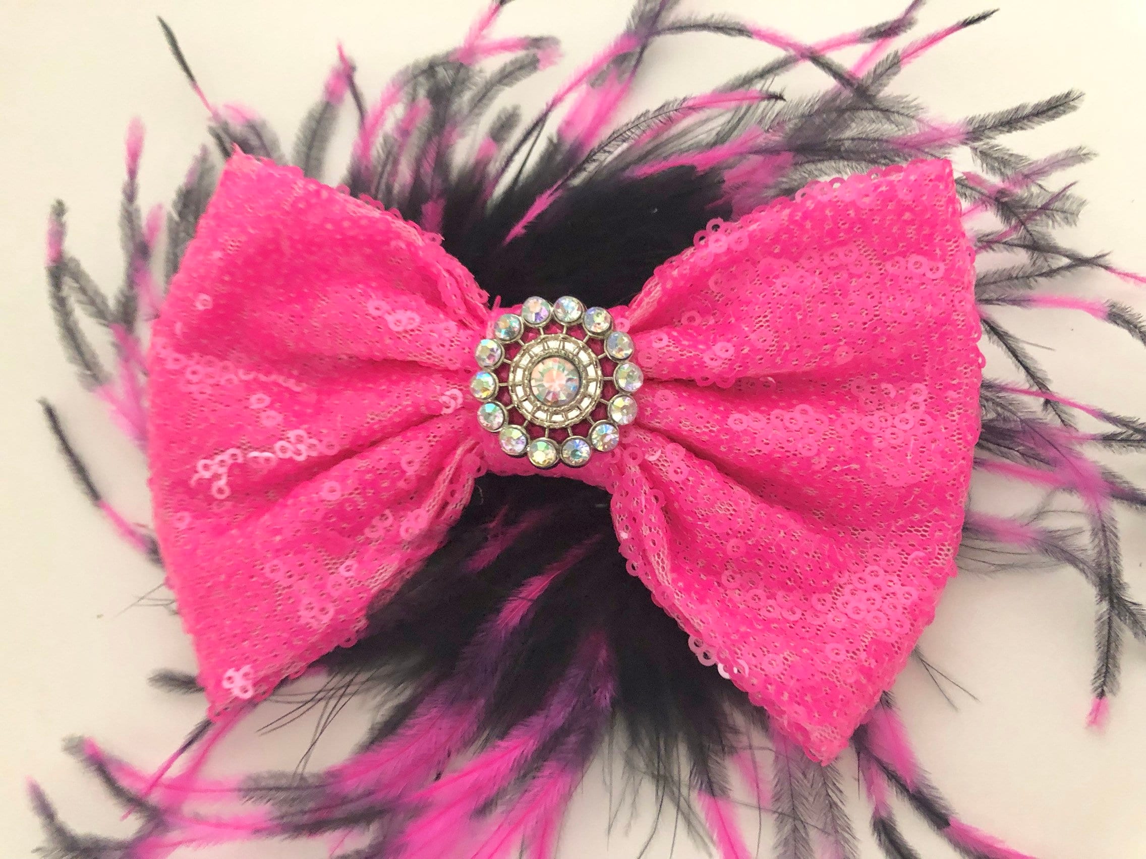 Pink And Black Hair Clip Dance Costume Neon Pink Bow Hot Pink Black Clip Black Pink Feather Clip Hot Pink Bubble Gum Bow Dance Costume