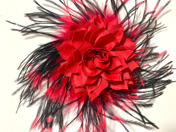 Red Black Ostrich Feather Fascinator, Black Red Flower Feather Hairpiece, Red Black Flower Hair Clip, Burlesque Hairpiece, Black Red