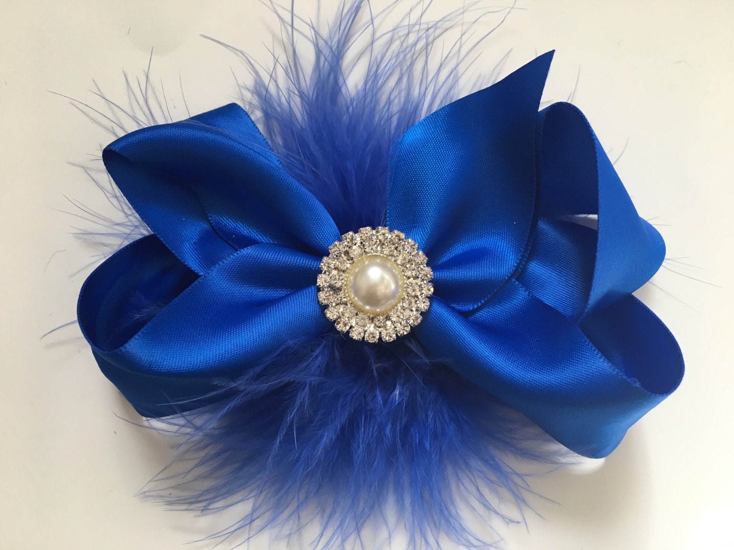 Large Blue Hair Bow - Velvet Bow with Pearl Embellishment - wide 5