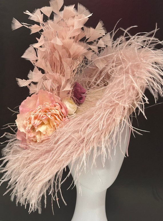 Couture Derby Hat, Feather Hat, Kentucky Derby Fascinator Hat, Dusty Rose Derby Fascinate, Church Wedding Tea Party  Hat, Ready to Ship Free