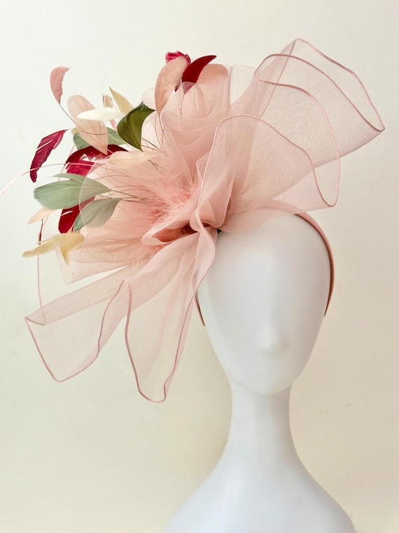Pink Green Dusty Rose Fascinator Hat, Derby Fascinator Hat, Dusty Rose Beige Olive Green Church Hat Fascinator,Sheer Derby Fascinator Hat