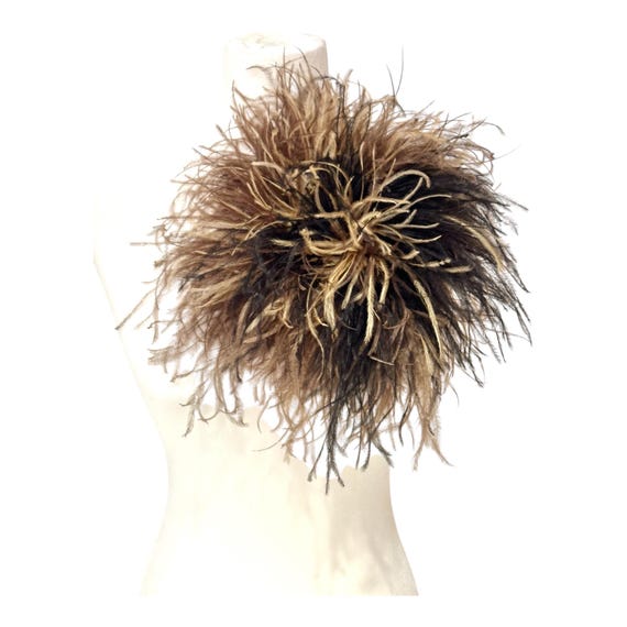 Mocha Brown Feather Pin, Ostrich Feather blend of Mocha Brown Black Beige 10ply Ostrich Feather, Oversized Custom Desgin Feather Brooch Pin