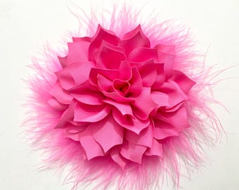 Flower Brooch Pin, Bright Pink Flower Pin, Flower Corsage Boutonnière, Wedding Bridal Flower Brooch or Clip, Ostrich feather Boutonniere