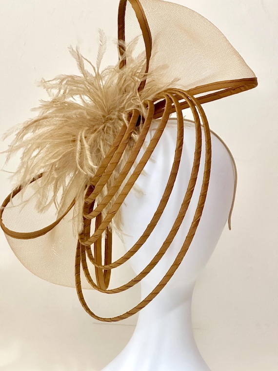 Feather Bow Fascinator, Caged Spiral Fascinator, Golden Bronze Black, Dusty Rose, Green, White Bow Fascinator Hat, Modern Bride Church Hat
