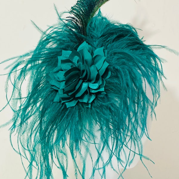 Peacock Feather Fascinator Headband, Christmas Fascinator Headband Hat, Ostrich Feather Peacock Spheres Green Headband Fascinator Hat