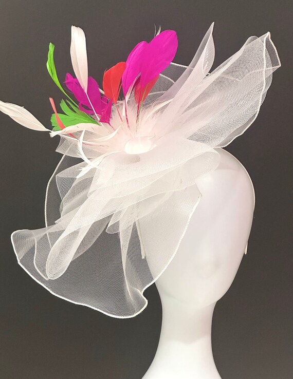 White Custom Derby Fascinator Hat, Sheer Crinoline Big Derby Hat, White Wedding Hat Fascinate, Church Tea Party Hat, Pink Green Coral