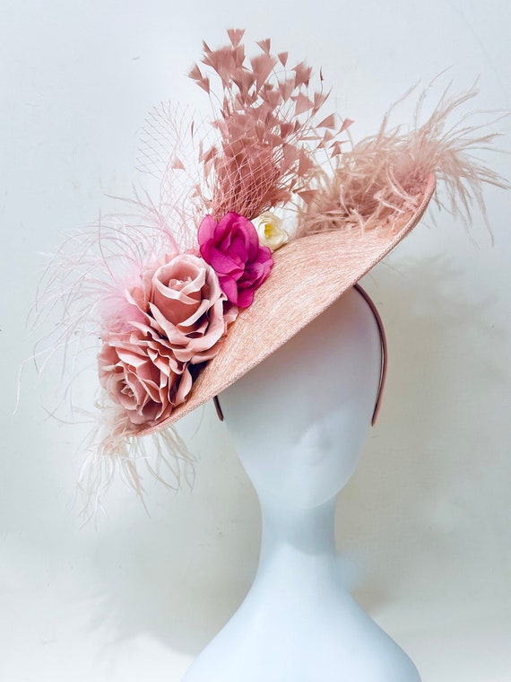 Blush Pink Beige Big Kentucky Derby Hat Fascinator, Dusty Rose Feather Wedding Fascinate Hat, Church Derby Hat, Tea Party Hat, High Tea Hat