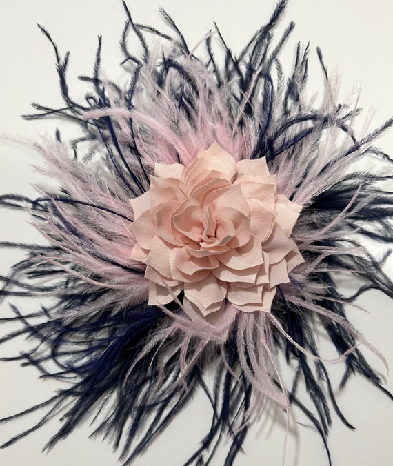 Navy Pink Blush Fascinator Hat, Kentucky Derby Hat Feather Clip, Navy Blue Pink Feather Hairpiece, Pale Pink Flower Feather Flower Hair Clip