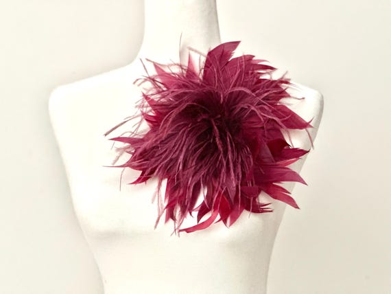 Oversized Burgundy Feather Brooch Pin, Ostrich Feather Brooch Pin, Feather Corsage Pin, Dark Green, Dusty Rose Wine Feather Pin, Oversized