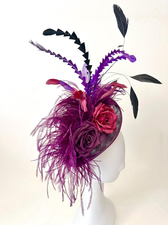 Purple Plum Wine Fascinator Hat, Ostrich Feather Rose Fascinator Hat Church Wedding Mother of the Bride Fascinator Custom 3D Fascinator Hat