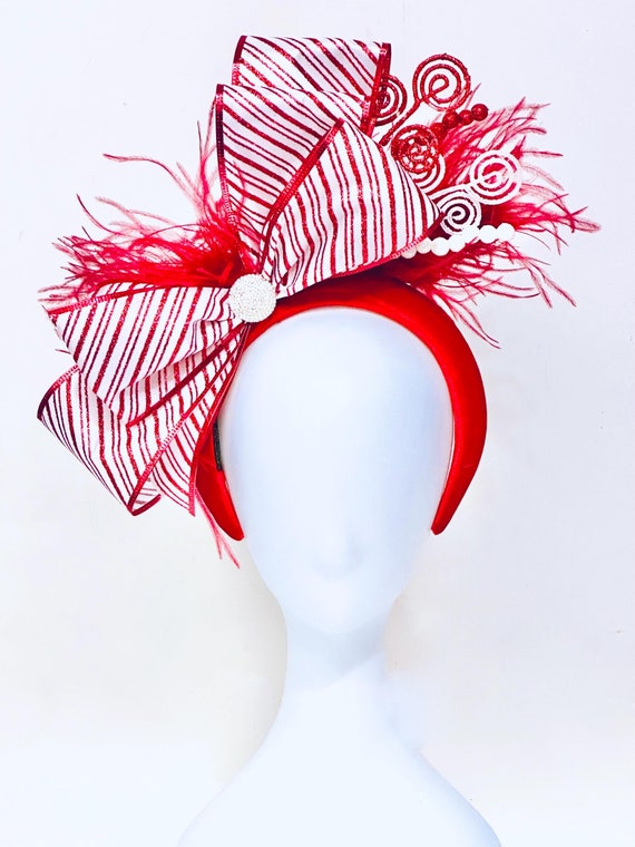 Christmas Headband, Christmas Holiday Hat, Bespoke Red Feather Headband,  Red White Candy Cane Headband, Christmas Headband  for Women Gift
