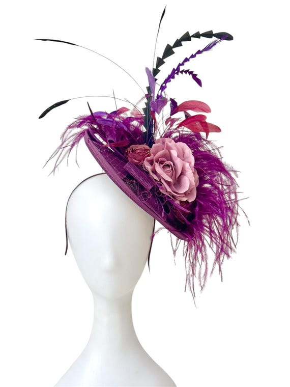 Plum Wine Feather Fascinator Hat, Purple Lavender Fascinator Hat, Wedding Mother of the Bride Fascinator Hat, 3D Fascinator Hat, Plum Purple