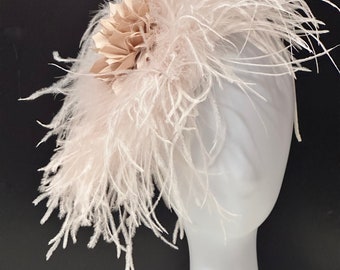 Champagne Beige Kentucky Derby Fascinator Headband Hat, Pink, Hot Pink, White, Dusty Pink Rose, Green Wedding Bridal Fascinator Headband