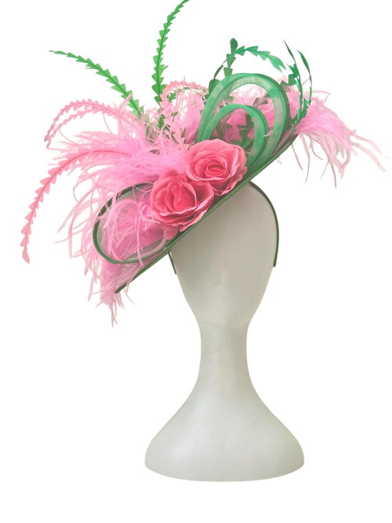 Pink and Green Feather Fascinator Hat, Green Pink Couture Fascinator Hat, Big Brim Derby Fascinator Hat, Church Wedding Garden Tea Party Hat