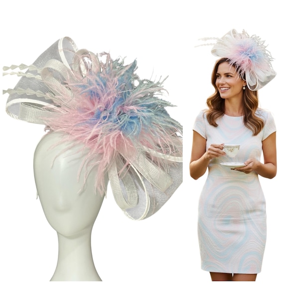 Bow Fascinator Hat, Blue White Feather Kentucky Derby Fascinator Hat, Garden Tea Party Hat, White Le Diner en Blanc Fascinator
