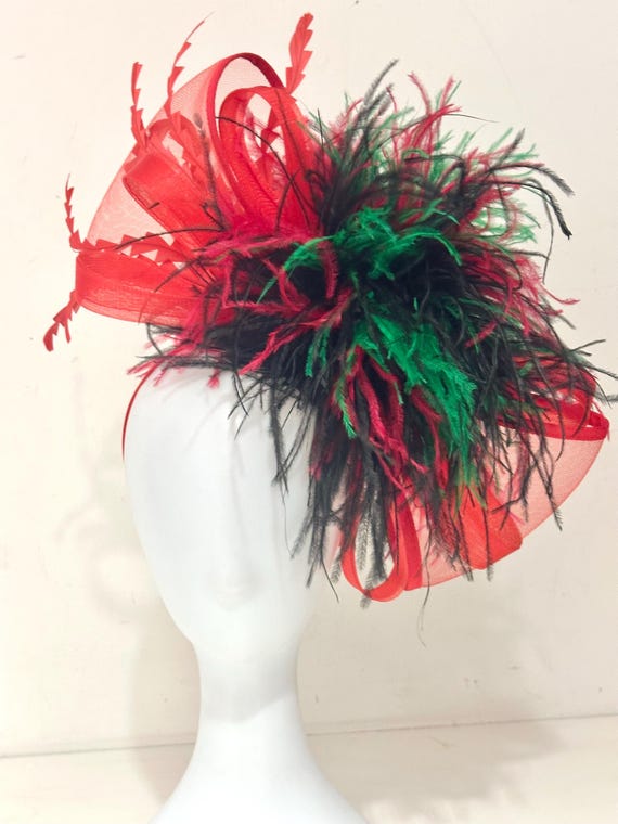 Bow Fascinator Hat, Red Feather Bow Headband, Green Pink Red Bow Feather Headband, Green Fascinator, Big Bow Headband