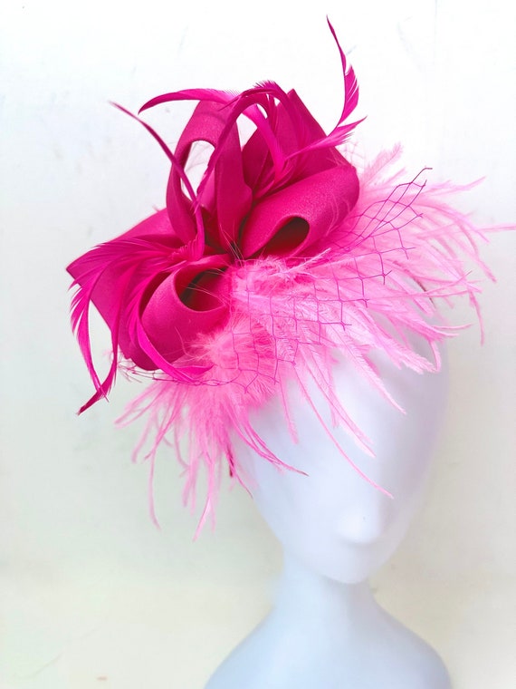 Pink Bright Pink Fascinator Hat Headband, Kentucky Derby Hat Fascinator, Pink Ostrich Feather Hat Fascinator, Wedding Fascinator Headpiece