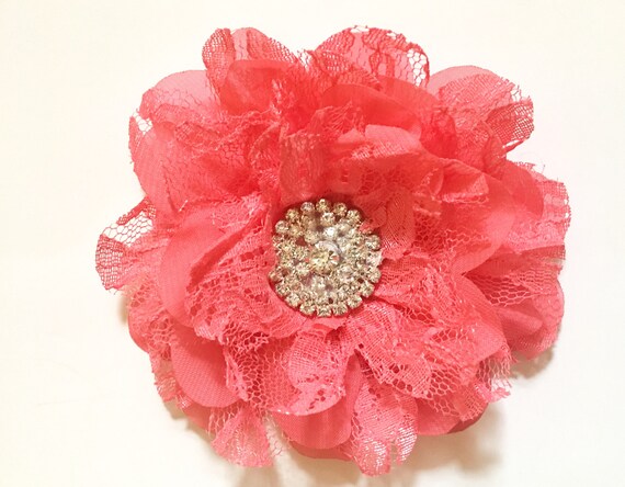 Coral Hair Clip, Chiffon Lace Flower Hair Clip, Peach Pink Flower Girl Hair Clip, Wedding Hair Accessories,